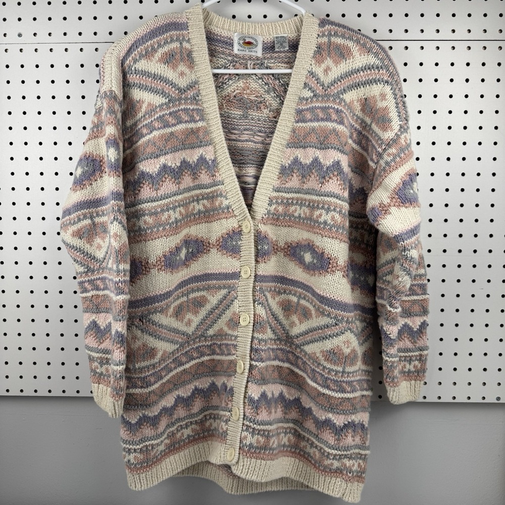 Vtg Marsh Landing‎ Hand Knit Cardigan M Pastel Aztec 80s Ramie Cotton Sweater